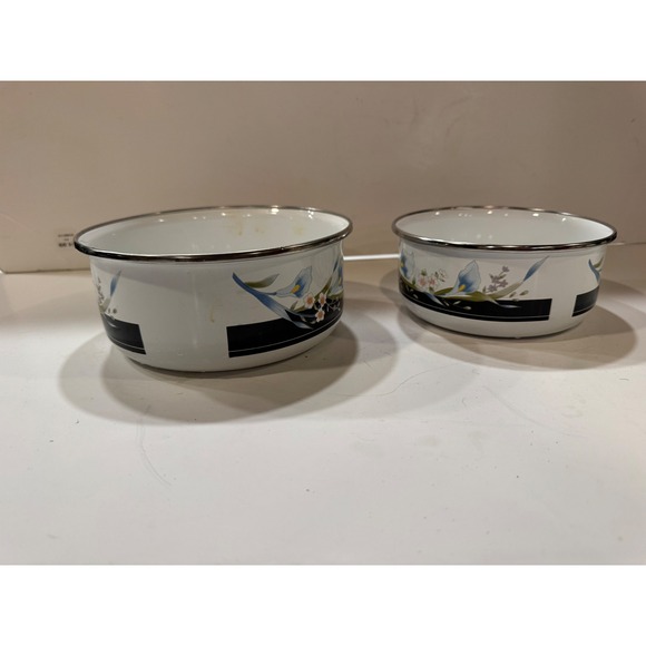 Enamel Bowls Set Blue stacking Iris Floral Design Kitchenware one lid B2.50 - Picture 6 of 9